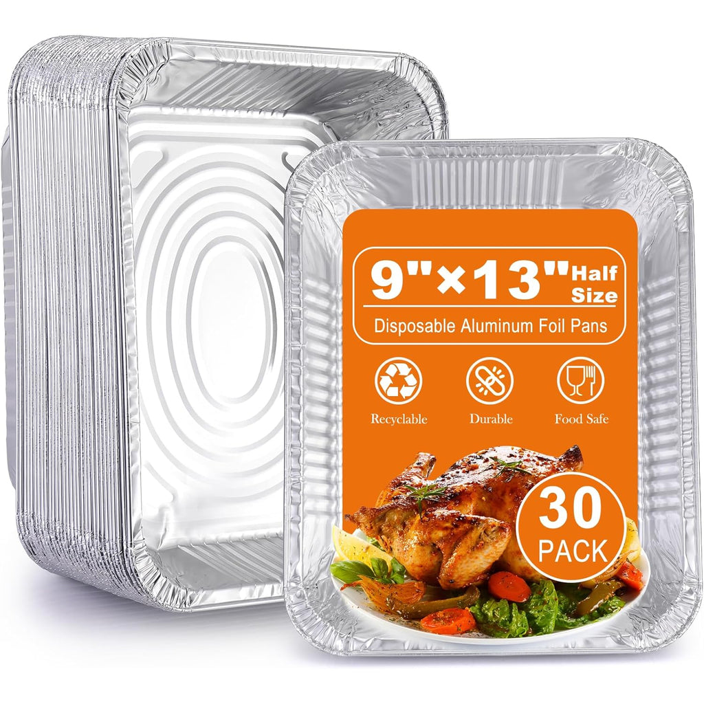 Aluminum Foil Pans 9x13 Disposable – 30 Pack Half Size Aluminum Foil Heavy Duty deep Steam Table Pan, Tin foil Turkey Sheets Tray Chafing Grill Accessories for Cooking, Baking, Storing, Food Prepping