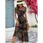 Gothdark Women'S Summer Floral Mesh Ruffle Dress Short Sleeve Round Neck Waist Cinched Casual Maxi Wedding Guest Dresses