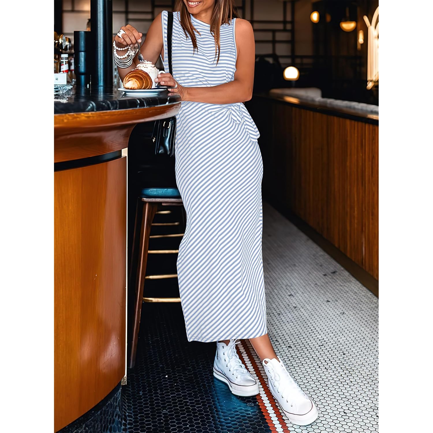 Anrabess Womens Summer Casual Sleeveless T Shirt Midi Dress Slim Fit Tie Waist Split Tank Long Dresses 2026 Vacation Sundress