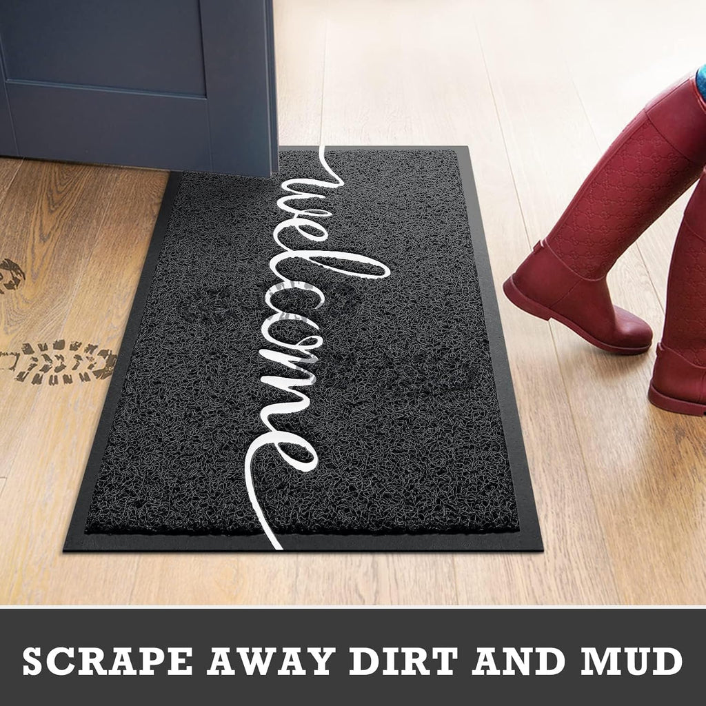 Cozybounty Black Door Mat Welcome Mats Outdoor Indoor Non-Slip Doormat For Entryway Low-Profile Floor Mat For Yard, Garage, High Traffic Areas (30"X17.5", Black)