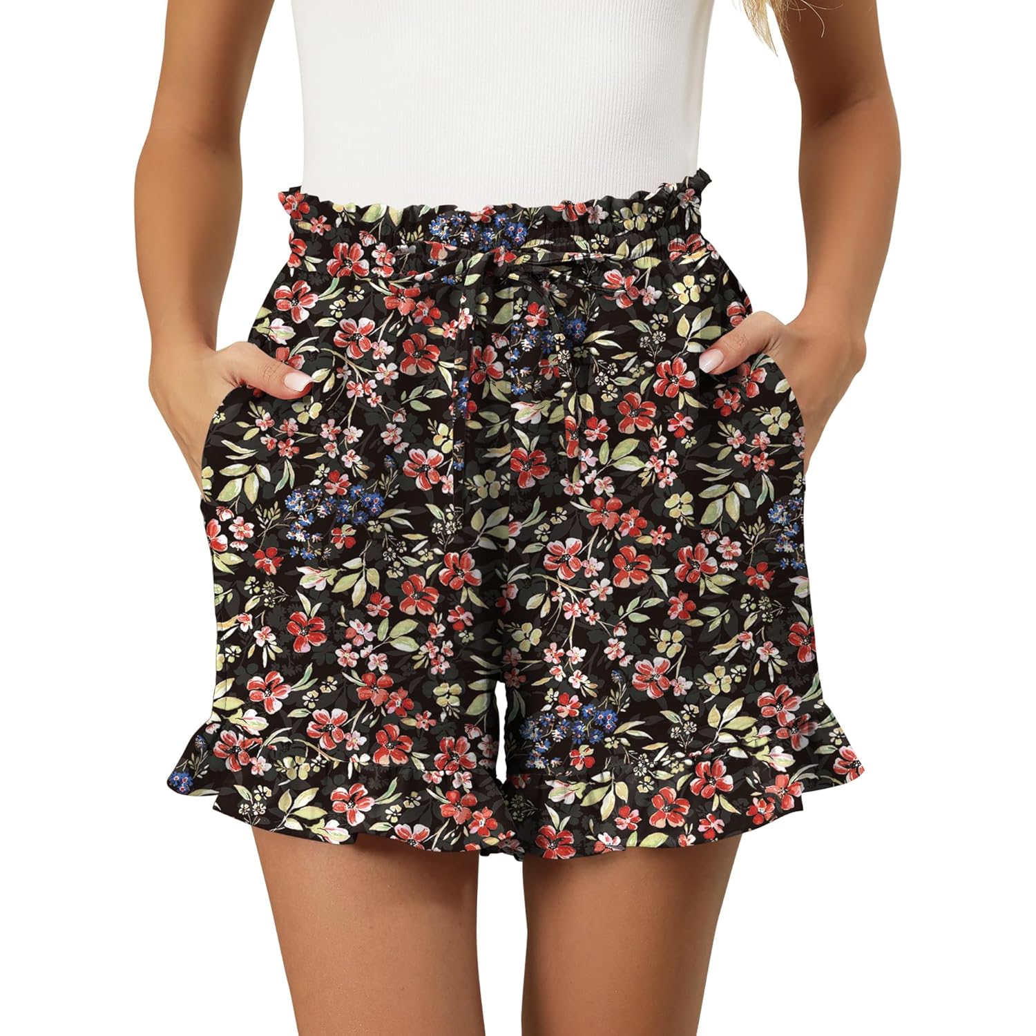 Women's Shorts 2026 Summer Casual Cute Ruffle Shorts Comfy Elastic Waist Drawstring Pleated Short with Pockets