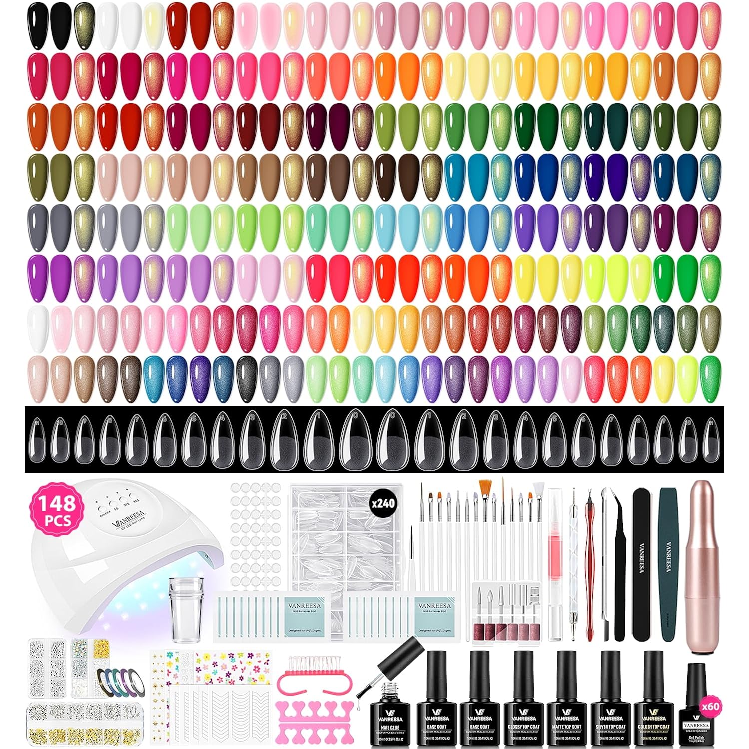 VANREESA 148Pcs Gel Nail Polish Kit with U V Light Almond Nail Tips Nail Drill -60 All Seasons Colors Gel Polish Set with 6Pcs Base Top Coat Gel Nail Kit for Beginners with Everything Gifts for Women