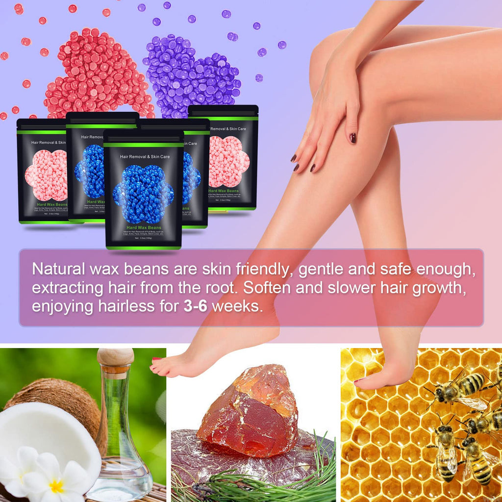 Wax Beads for Hair Removal 1.1 lb (17.6 oz), Hard Wax Waxing Beads Kit for Sensitive Skin Brazilian, Face, Bikini, Eyebrow, Legs, Painless for Women Men, 5 packs with 10 Sticks
