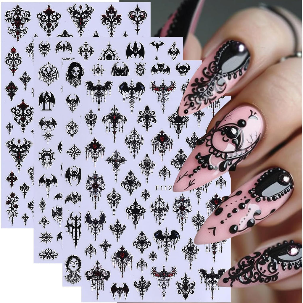 Gothic Nail Stickers Witchy Decals 12PCS Dark Black Goth Nail Art Stickers 3D Self-Adhesive Totem Punk Belt Nails Designs DIY Bat Holiday Nail Supplies French for Acrylic Manicure Decoration