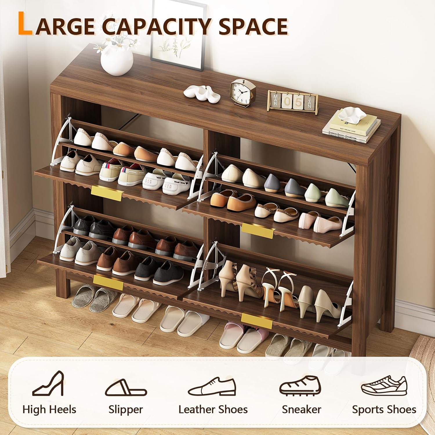 Shoe Cabinet Storage For Entryway, Fluted Shoe Cabinet With 4 Flip Drawers, Hidden Shoe Rack Freestanding Wooden Shoe Organizer With Legs For Hallway, Walnut
