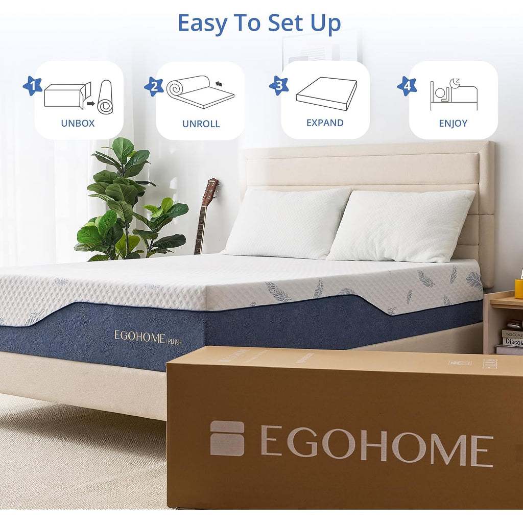 Egohome Medium Queen Mattress 12 Inch Memory Foam Mattresses Bed In A Box With Gel Foam And Removeable Fiberglass Free Cover For Cool Sleep And Back Pain Relief, Certipur-Us Certified, Blue