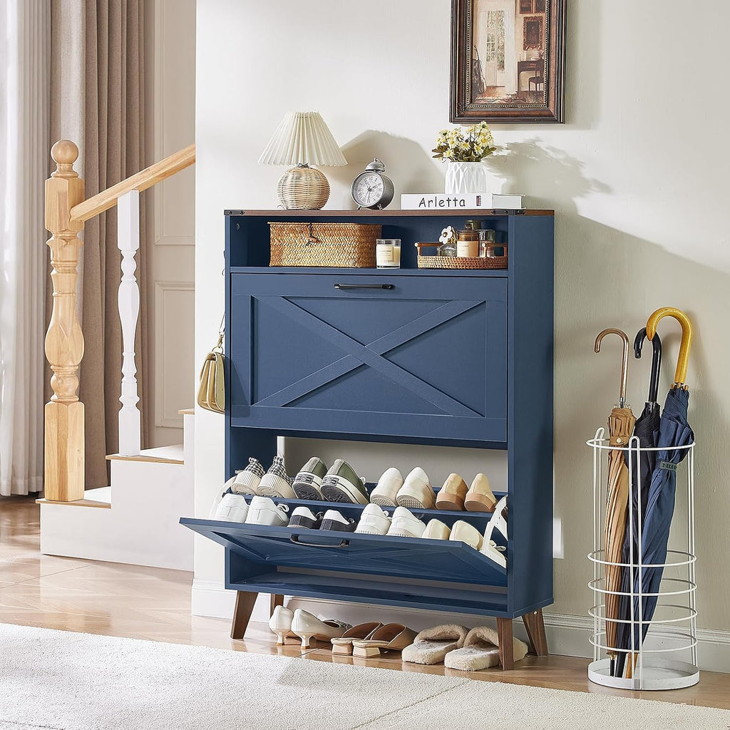 Joaxswe Shoe Cabinet Storage For Entryway With 2 Flip Drawers 2 Hook Open Storage Layer Rack Narrow Organizer Slim Hidden Wood Shoe Cabinet Furniture Dark Blue
