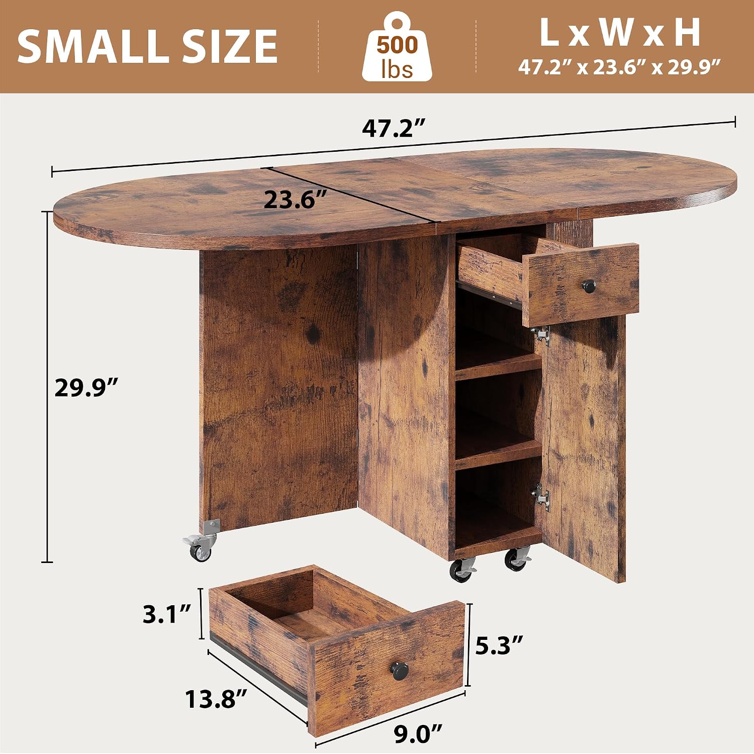 Jocoevol Round Folding Dining Table For 4, Space Saving Drop Leaf Kitchen Table With Storage Drawer, 6 Wheels Oval Gateleg Foldable Dining Table For Small Spaces(Vintage 47 * 23.6 * 30)