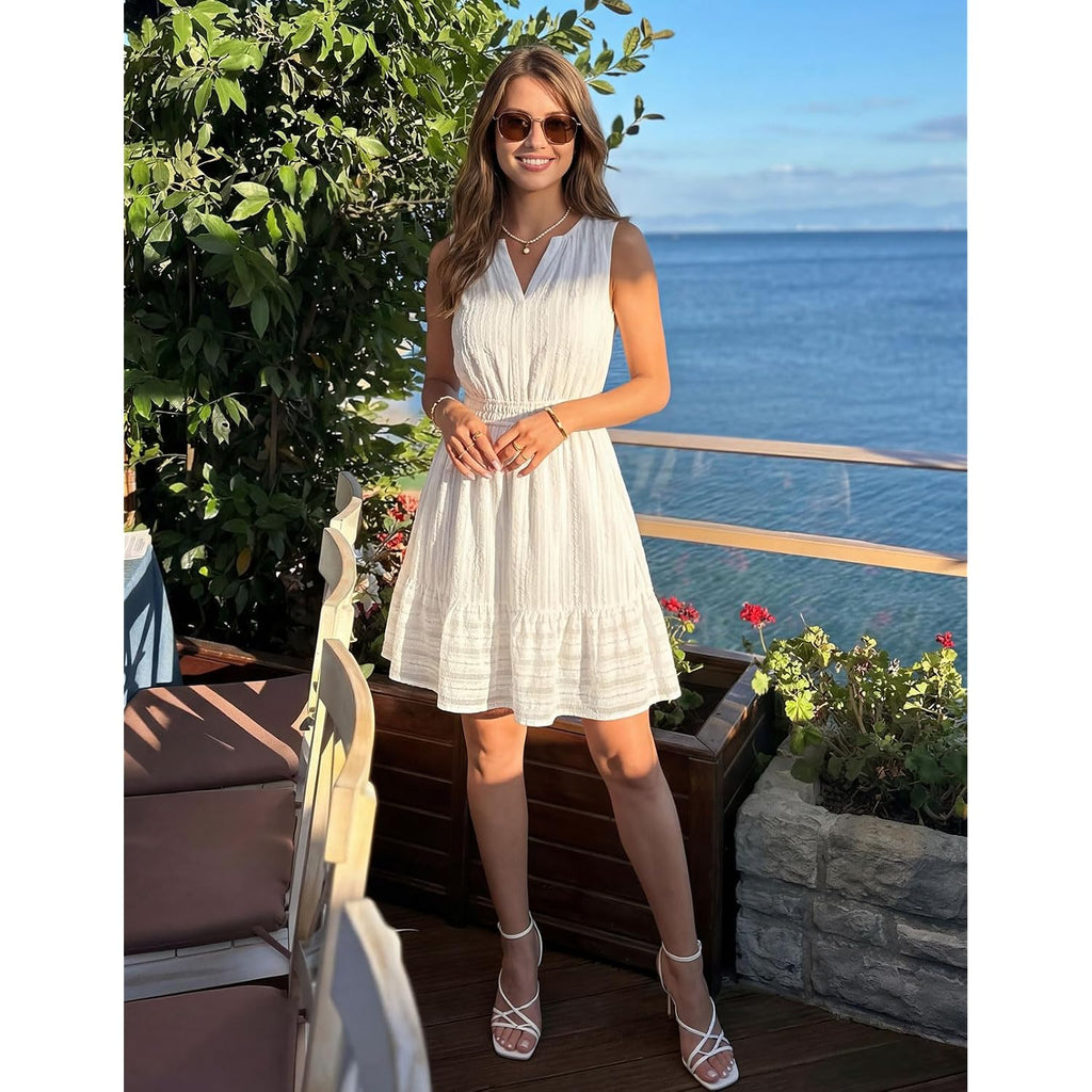 Merokeety Women'S 2026 Summer Casual Mini Sundress Beach Vacation Sleeveless V Neck Flowy A Line Dress With Pockets