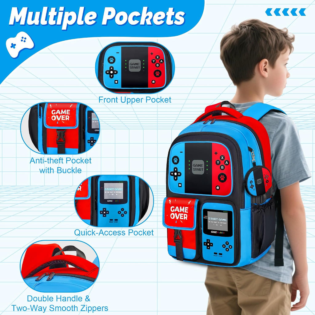Gamer Backpack For Boys, 4Pcs Gaming Boys Backpack With Lunch Box And Pencil Case For Kids, Video Gamer School Bags