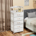 White Dresser With 5 Drawers, Vertical Storage Tower Fabric Dresser For Bedroom, Hallway, Entryway, Nursery, Closet Organizer, Nightstand Bedside Table Furniture, Sturdy Steel Frame, Wood Top