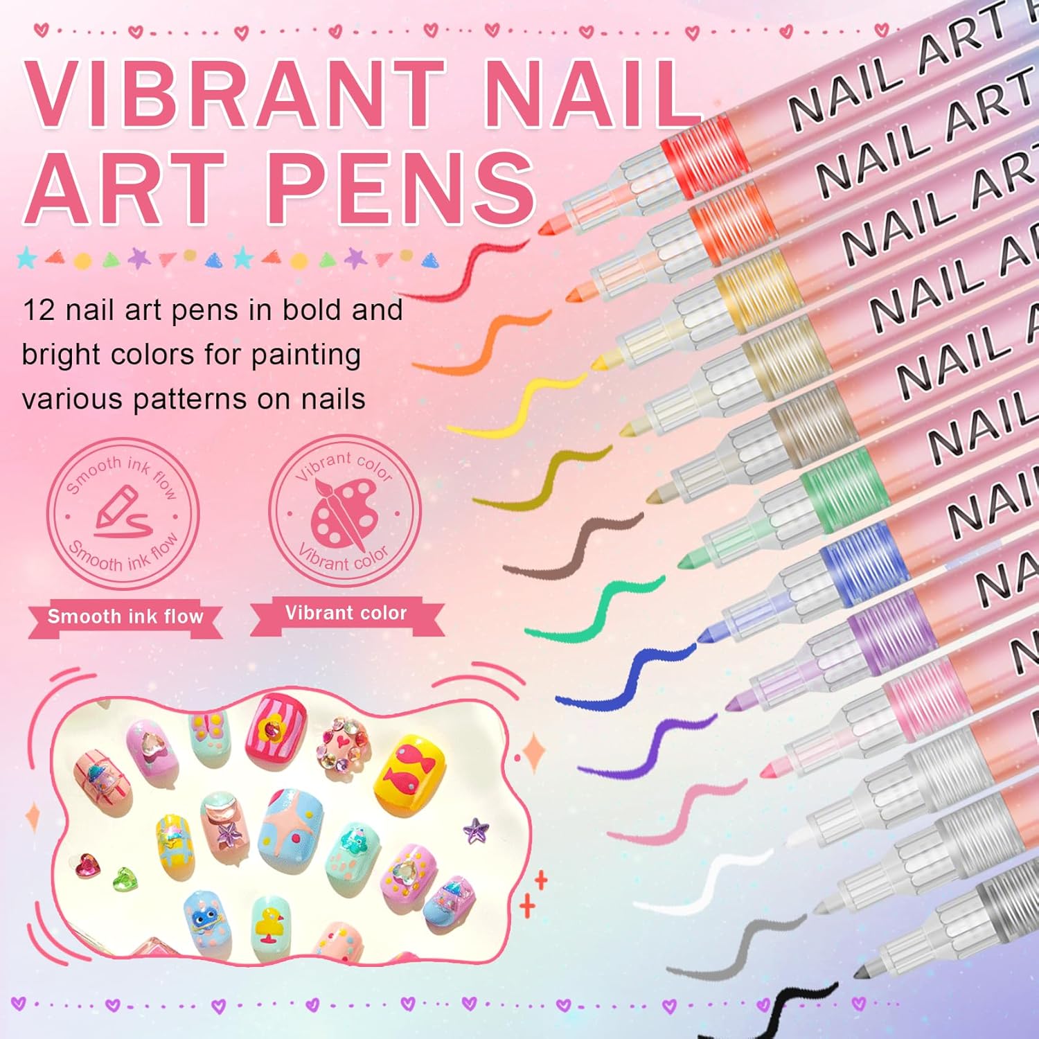 IONSGAKO 12 Colors Nail Art Pens Set, Nail Polish Pens for Nail Art Quick Drying 3D Acrylic Paint Markers for Painting Dotting Liner Pen Nail Salon DIY Design Kit 0.7mm
