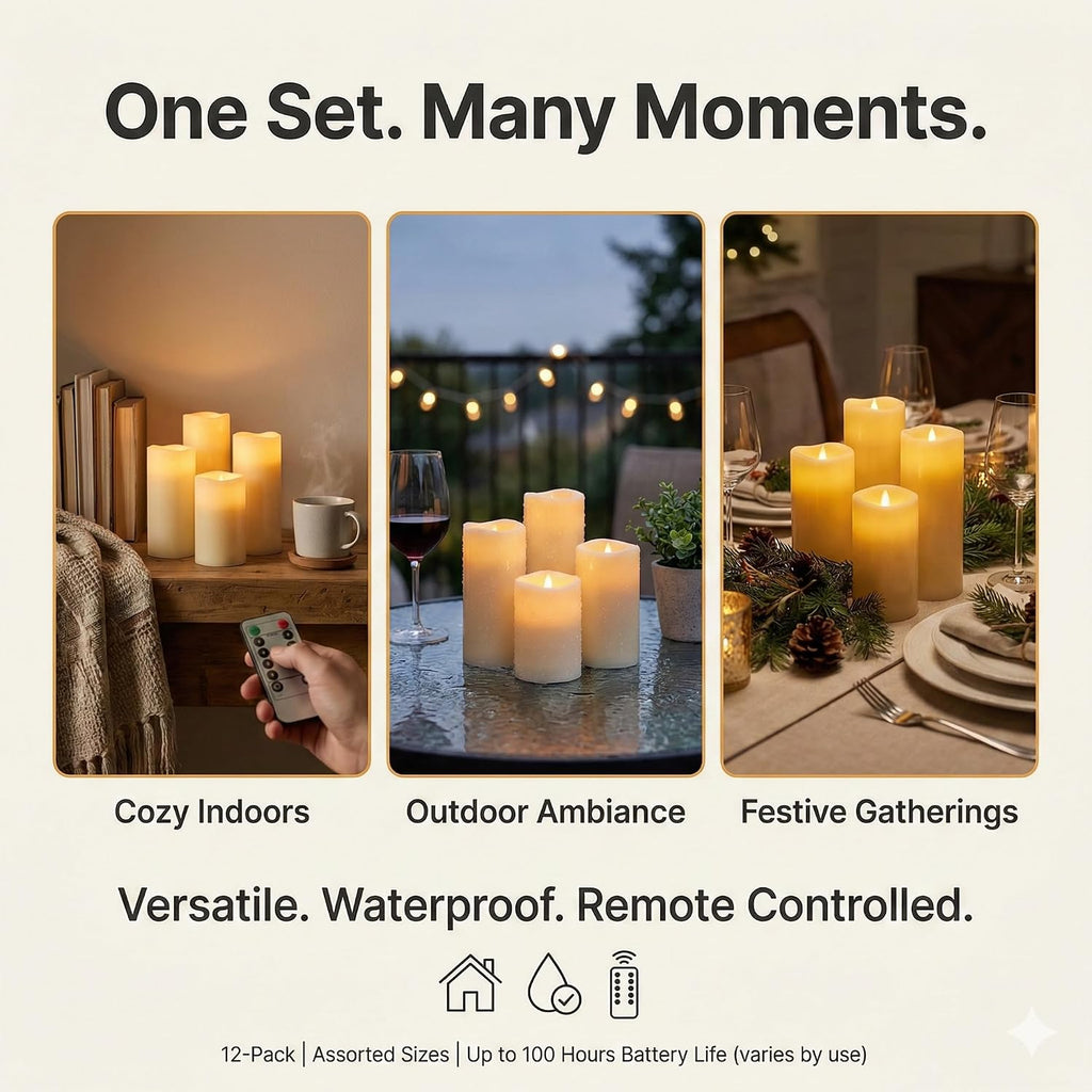 Waterproof Flameless Candles, 12 Pc Battery Operated Led Pillar Candles With 2 Remote Controls & Timer, Flickering Indoor Outdoor Candles For Wedding, Patio, Easter, Bathroom, Home Decor, 4''5''6''