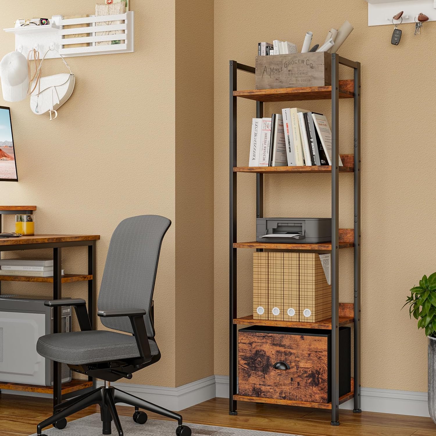 Furologee 5 Tier Bookshelf With Drawer, Tall Narrow Bookcase With Shelves, Wood And Metal Bookshelves Storage Organizer, Industrial Display Standing Shelf Unit For Bedroom, Living Room, Rustic Brown