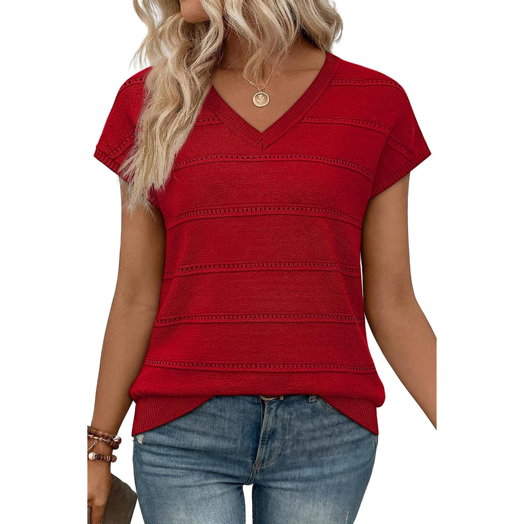 Wiholl Short Sleeve Sweater For Women V Neck Trendy Summer Tops 2026 Spring Fashion Clothing Business Casual Outfits