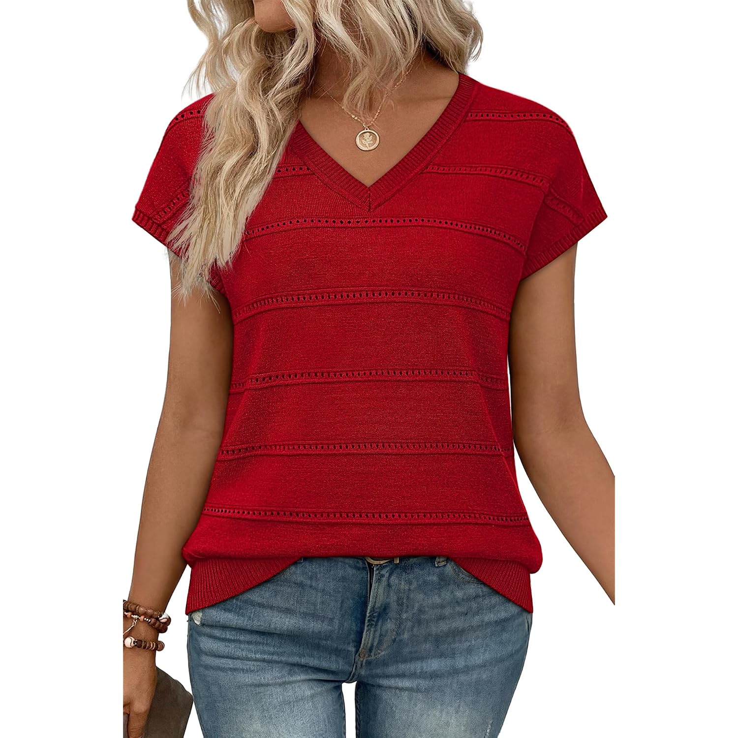 Wiholl Short Sleeve Sweater For Women V Neck Trendy Summer Tops 2026 Spring Fashion Clothing Business Casual Outfits
