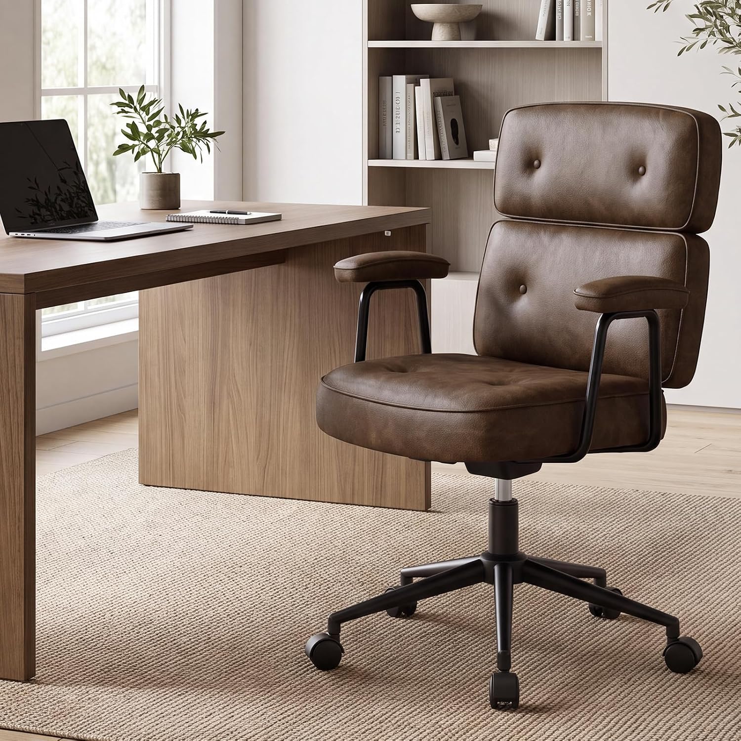 Olixis Ergonomic Home Office Desk Chair, Pu Leather Computer Chair With Lumbar Support Adjustable Height Rolling Swivel Executive Task Armrests, Modern Brown