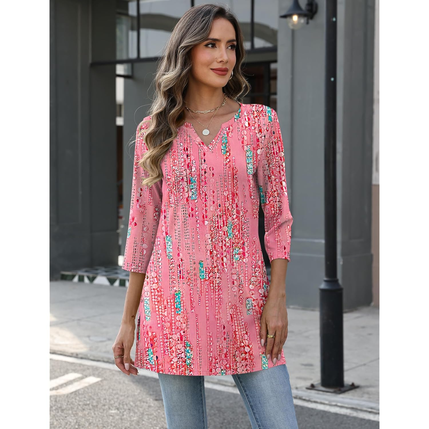 3/4 Length Sleeve Womens Tops Dressy Casual Plus Size V Neck Tunics to Wear with Leggings Side Slit Shirt