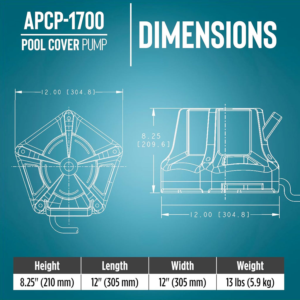 Little Giant Apcp-1700 115-Volt, 1/3 Hp, 1745 Gph, Automatic, Submersible, Swimming Pool Cover Pump With 25-Ft. Cord, Light Blue, 577301