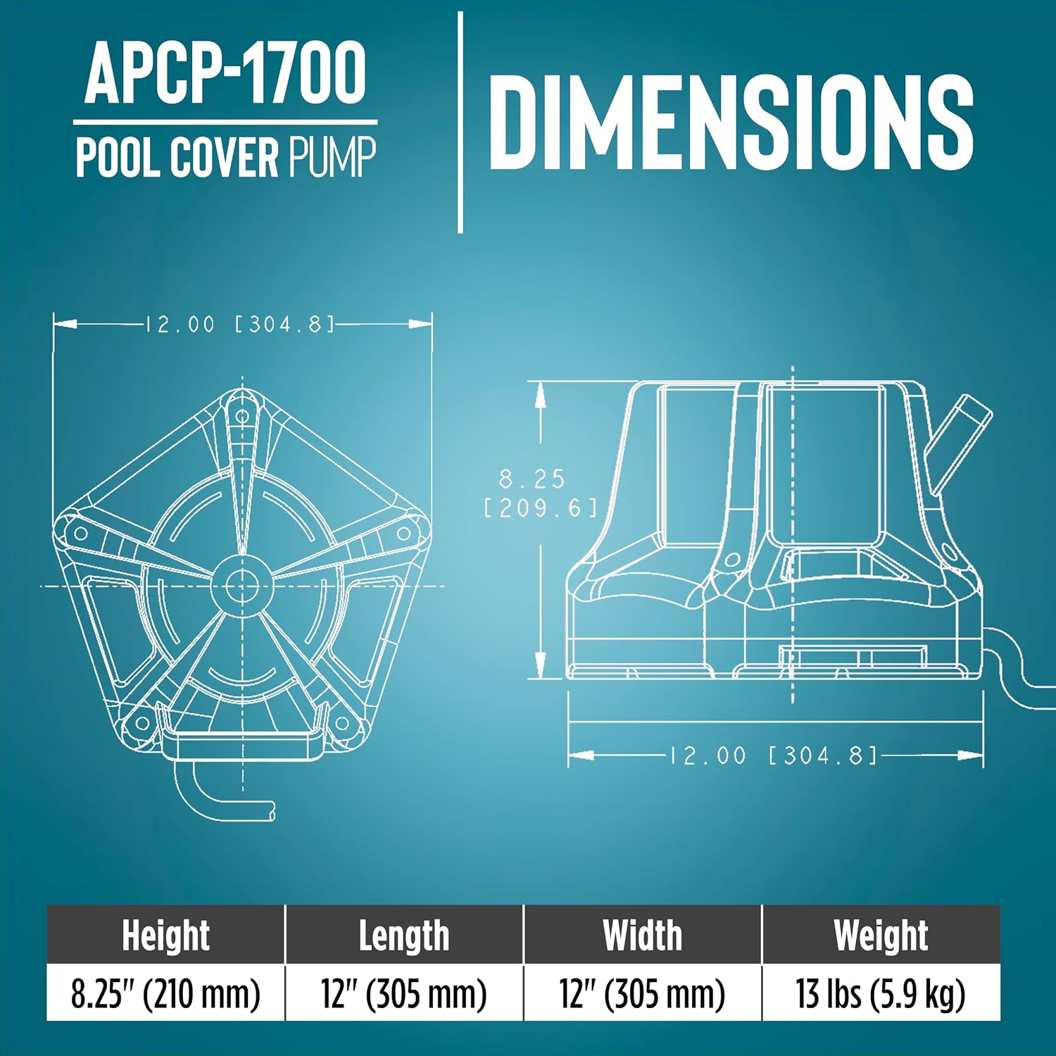 Little Giant Apcp-1700 115-Volt, 1/3 Hp, 1745 Gph, Automatic, Submersible, Swimming Pool Cover Pump With 25-Ft. Cord, Light Blue, 577301