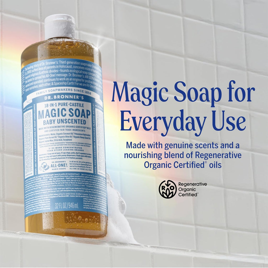 Dr. Bronner'S Pure-Castile Magic Soap Liquid (Baby Unscented, 32 Ounce) – Made With Regenerative Organic Certified Oils – For Sensitive Skin, Babies, Face, Hair, Laundry, Dishes, Hand Soap & Body Wash