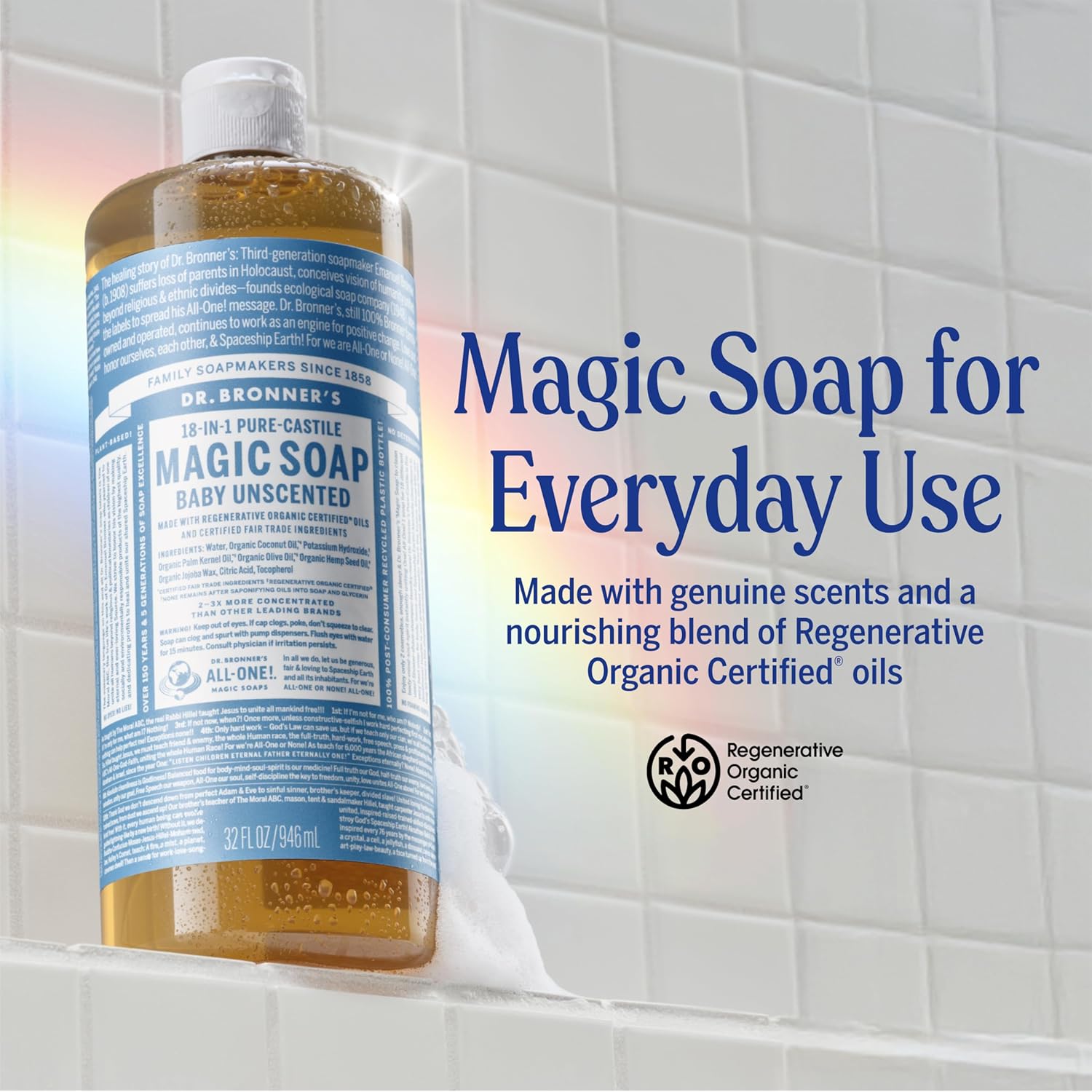 Dr. Bronner's Pure-Castile Magic Soap Liquid (Baby Unscented, 32 Ounce) – Made with Regenerative Organic Certified Oils – For Sensitive Skin, Babies, Face, Hair, Laundry, Dishes, Hand Soap & Body Wash