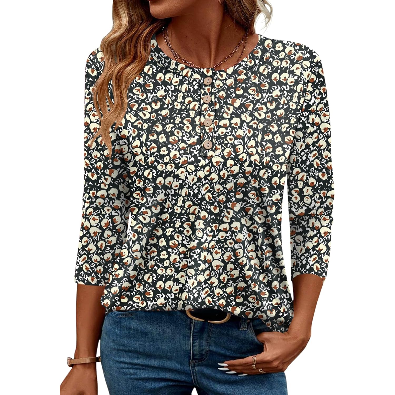Lomon 3/4 Length Sleeve Womens Tops Casual Crewneck Pullover Tunics Summer Cute Blouses Fashion 2026