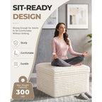 23.6In Pouf Ottoman, Corduroy Ottoman Foot Rest With Dual‑Layer Support, Large Poofy Pouf With Soft Chunk‑Foam Top & Firm Foam Base, Floor Foot Stool For Living Room, Beige