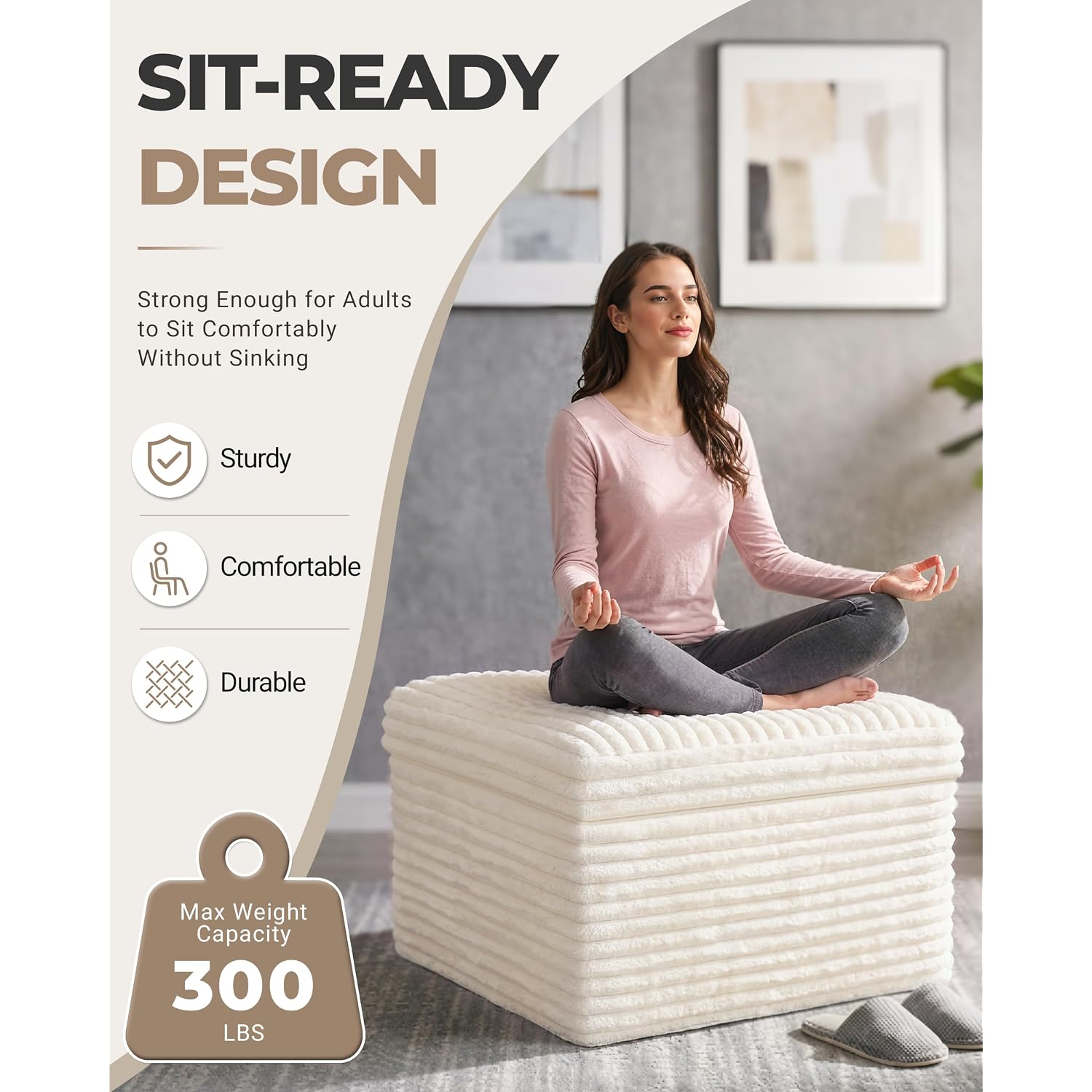 23.6In Pouf Ottoman, Corduroy Ottoman Foot Rest With Dual‑Layer Support, Large Poofy Pouf With Soft Chunk‑Foam Top & Firm Foam Base, Floor Foot Stool For Living Room, Beige