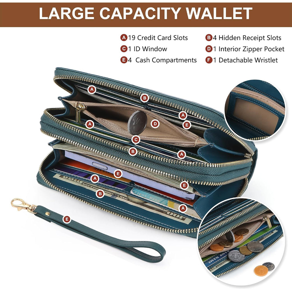 Womens Wallet Rfid Blocking Large Capacity Vegan Leather Double Zip Wristlet Wallet Card Holder Travel Ladies Clutch