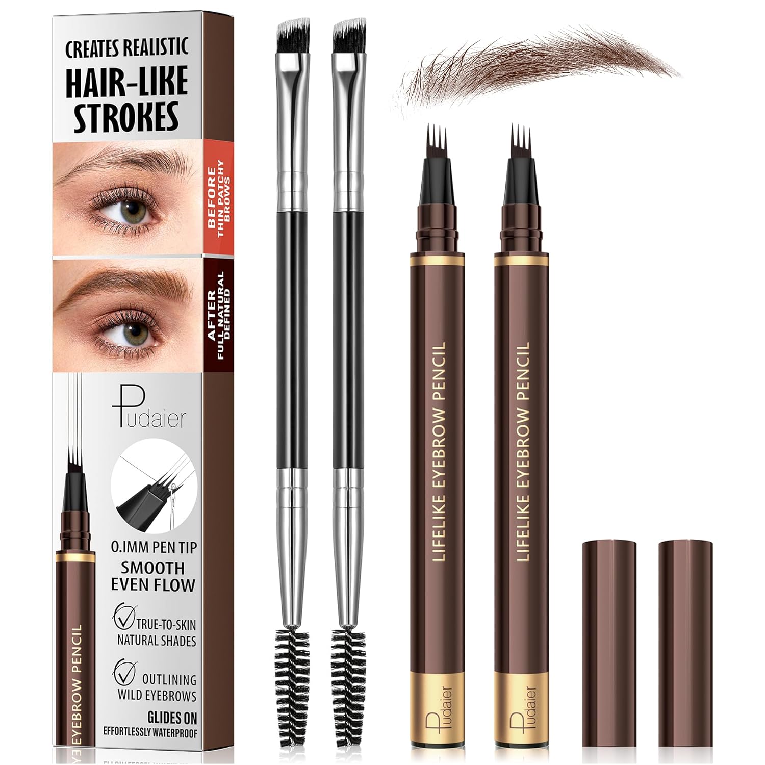 2 Pack 4-Tip Microblading Eyebrow Pen with 2 Brow Brushes, Waterproof Vegan Formula Eyebrow Pencils for Women to Effortlessly Create Natural Hair-Like Strokes, All-Day Wear (Dark Brown)