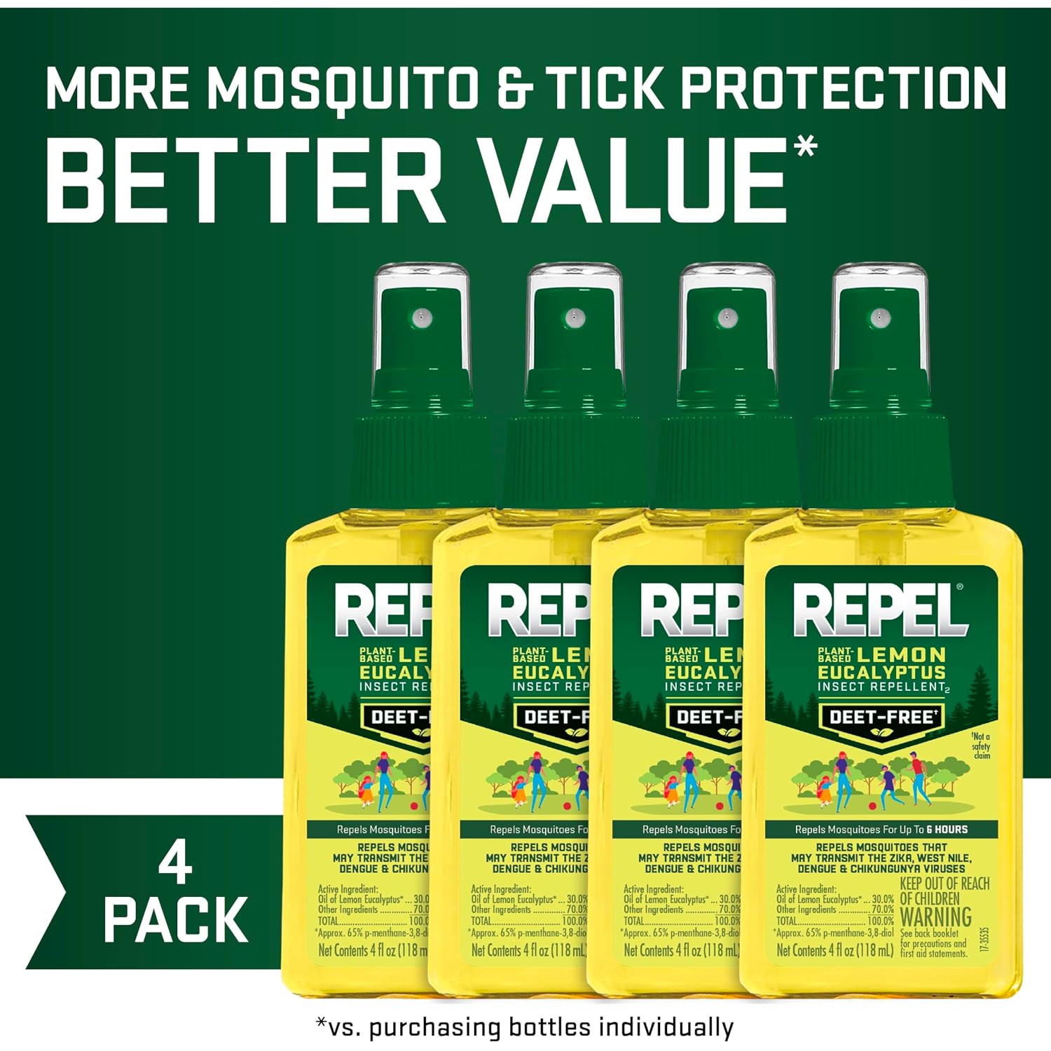 Repel Plant-Based Lemon Eucalyptus Mosquito And Insect Repellent, 4 Ounces, Deet-Free Bug Spray Insect Repellent Repels Mosquitoes For 6 Hours With Plant-Based Ingredients, 4 Pack