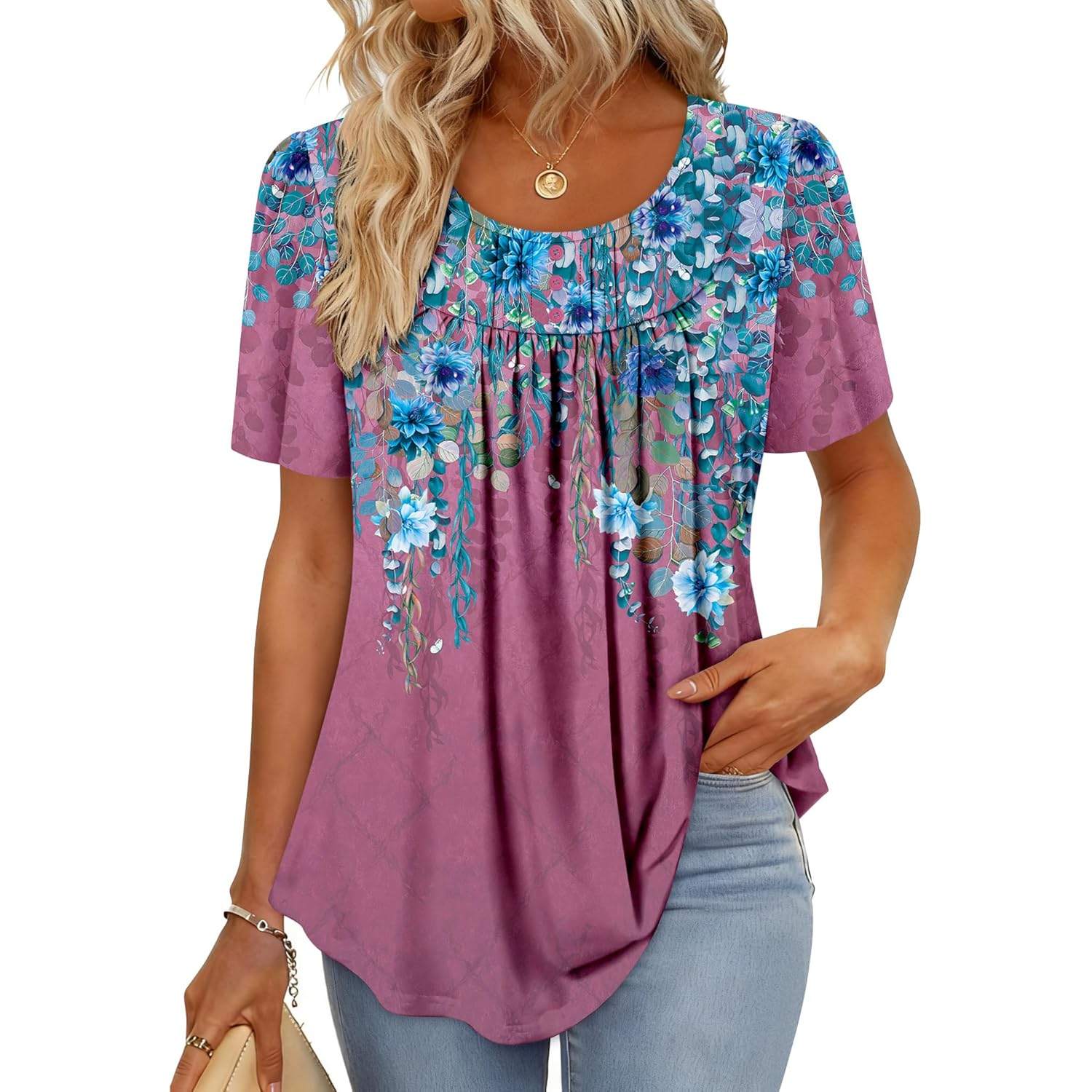 Women's Short Sleeve Summer Tunic Tops Flowy Flare Button Down Tunic Shirts Blouses S-3XL