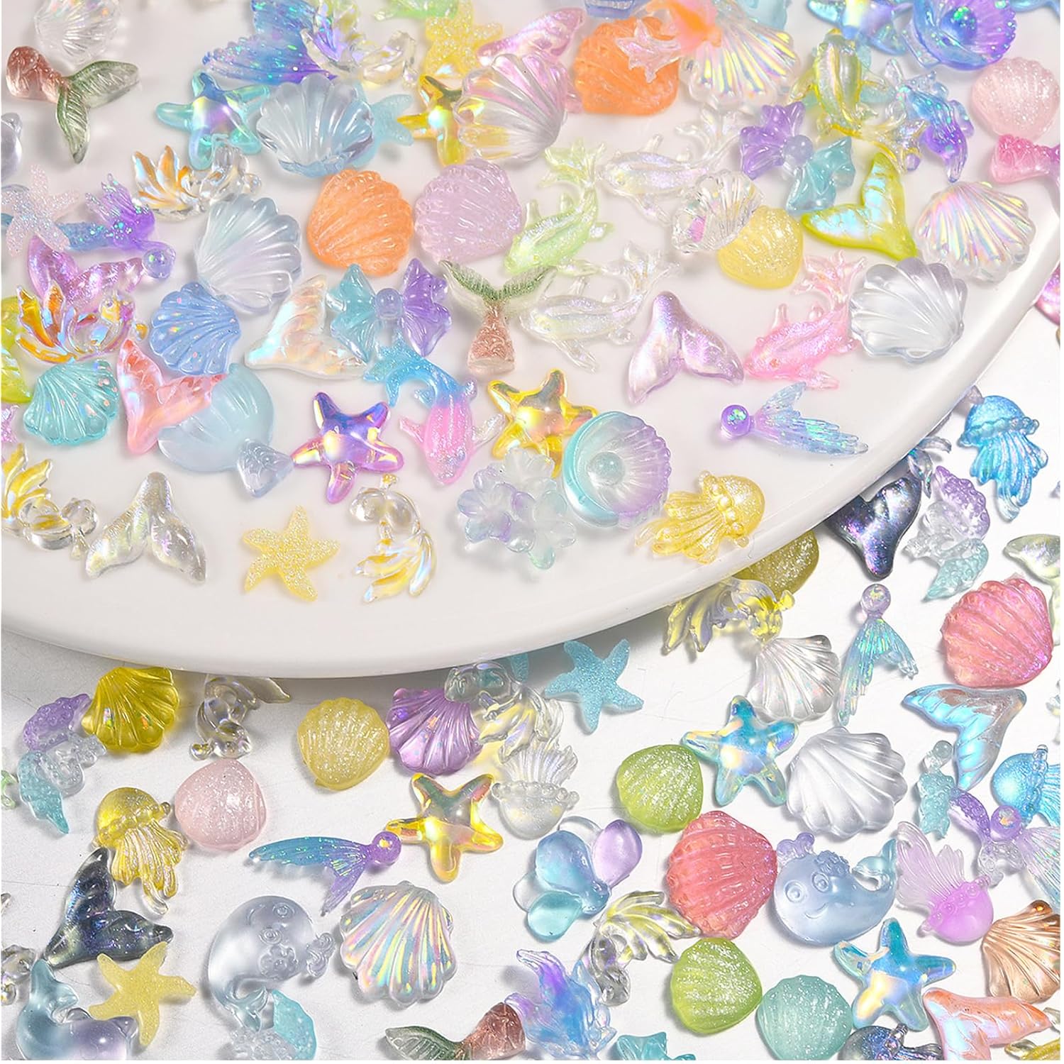100Pcs Ocean Series Nails Charms 3D Colorful Seashell Jellyfish Starfish Nail Rhinestones Resin Summer Flat Nail Art Supplies for Acrylic Nails Dolphin Mermaid Nail Charms for Women Summer DIY