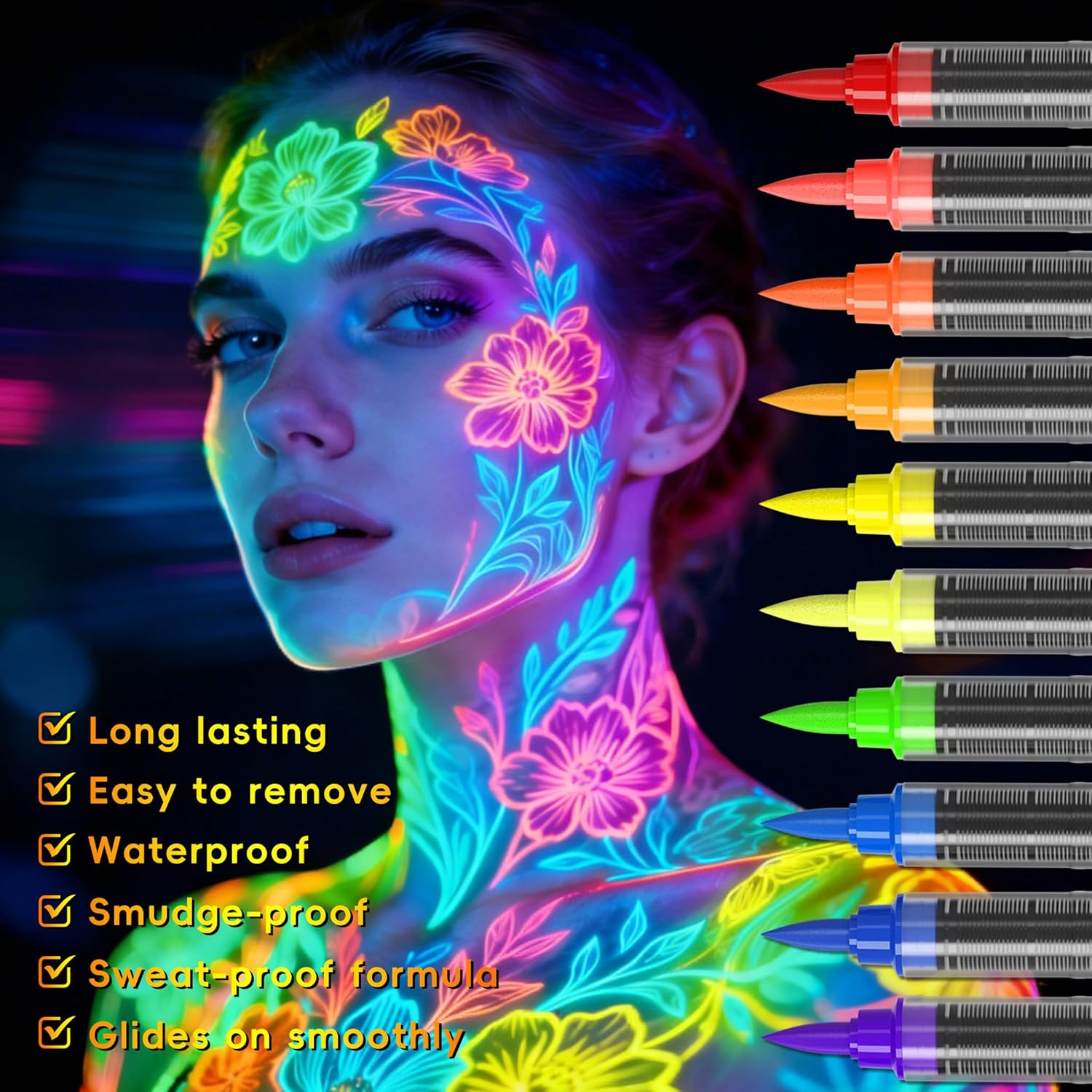 10-color glow-in-the-dark body painting, UV neon face paint brush, glow-in-the-dark face paint set, washable skin tattoo pen, Halloween party makeup (10 colors)