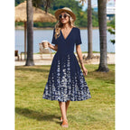 Womens Summer Casual Dresses Short Sleeve Midi Warp V-Neck Floral Dress with Pockets Tiered Flowy A Line Sundress