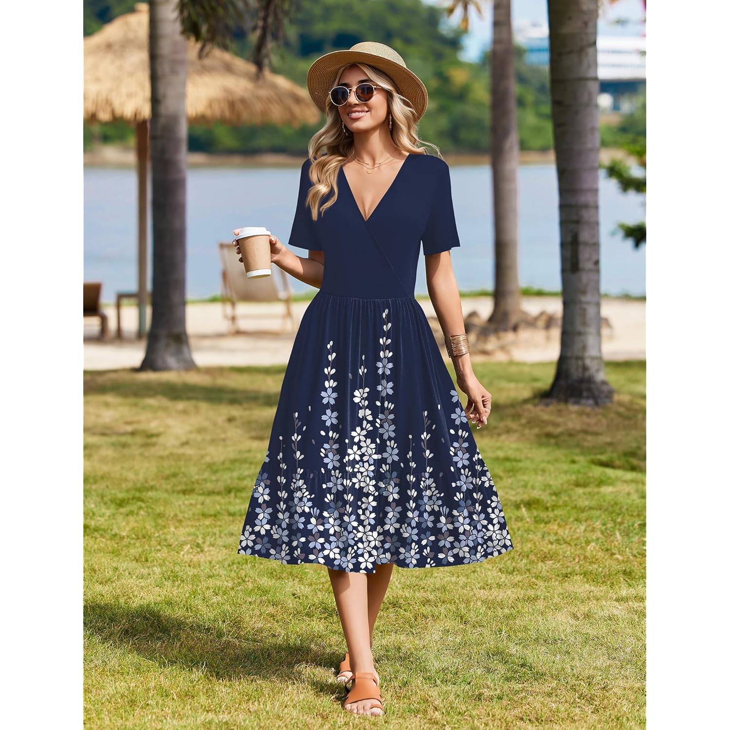Womens Summer Casual Dresses Short Sleeve Midi Warp V-Neck Floral Dress with Pockets Tiered Flowy A Line Sundress