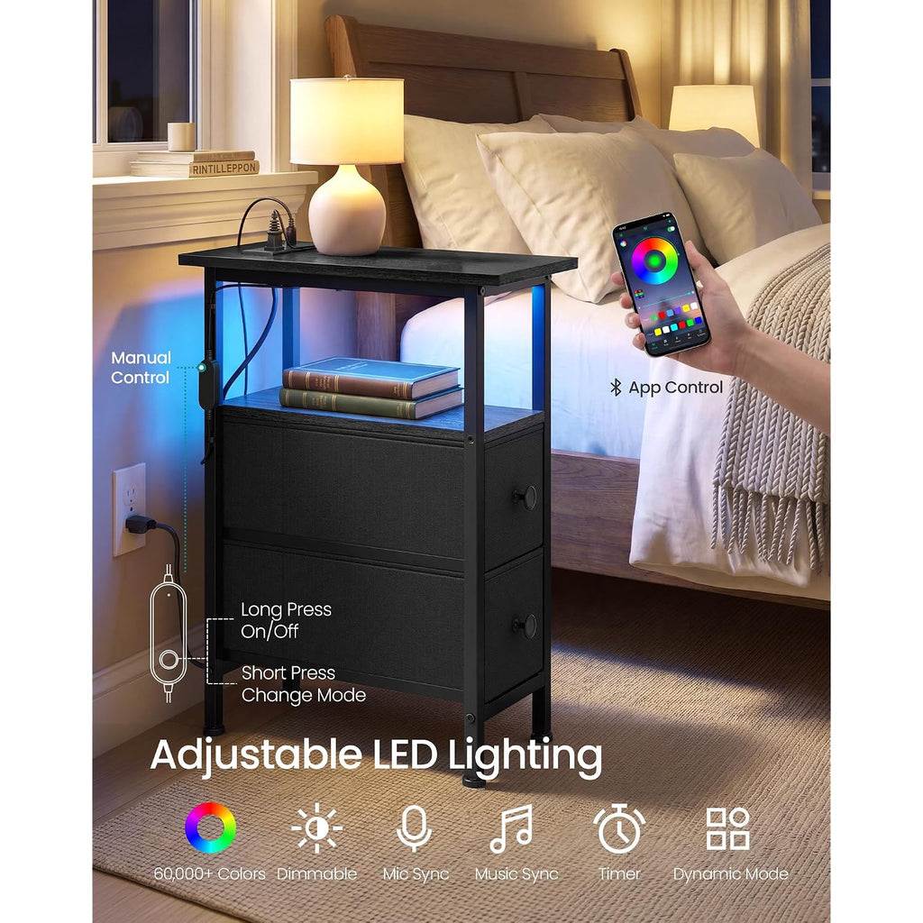 Songmics Side Table With Led Light, Narrow End Table With 2 Drawers, Nightstand With Charging Station, Bedside Tables For Small Space, Living Room, Bedroom, Ink Black, Bellah Collection Ulgs002B101