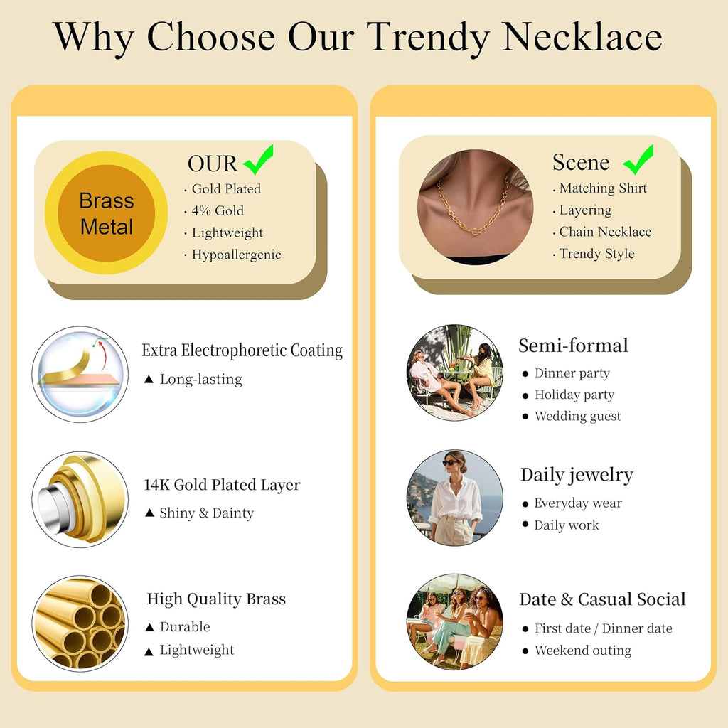 CHESKY 14K Gold Plated Chunky Necklace for Women, Trendy Paperclip Chain Necklace Thick Cross Heart Pendant Necklace Layered Herringbone Cuban Link Chain Toggle Necklaces Non Tarnish Jewelry