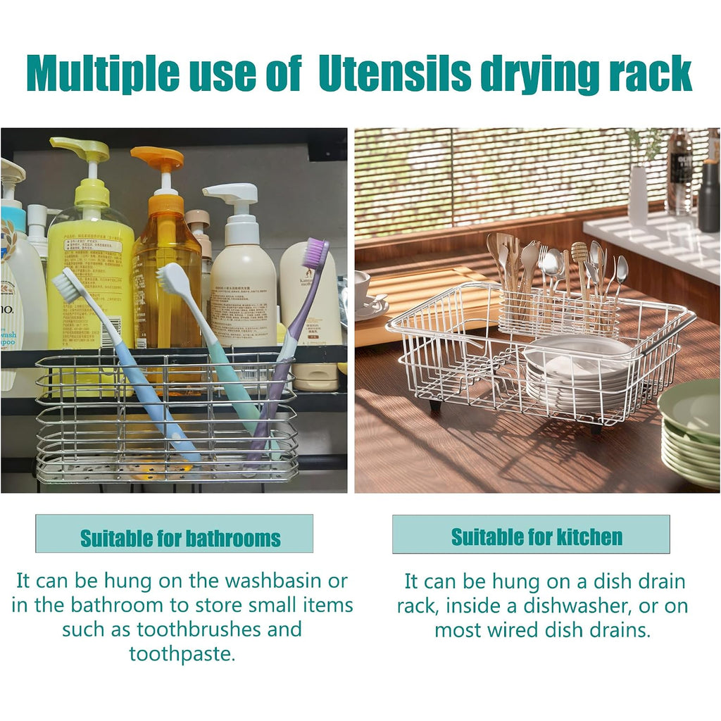 Niuyichee 304 Stainless Steel Utensil Holder, Dish Drying Rack, Kitchen Utensil Organizer, Knife And Fork Drainage Rack, Kitchen Drainage Basket Accessories, With Hooks, Rust Proof, Color-Silver