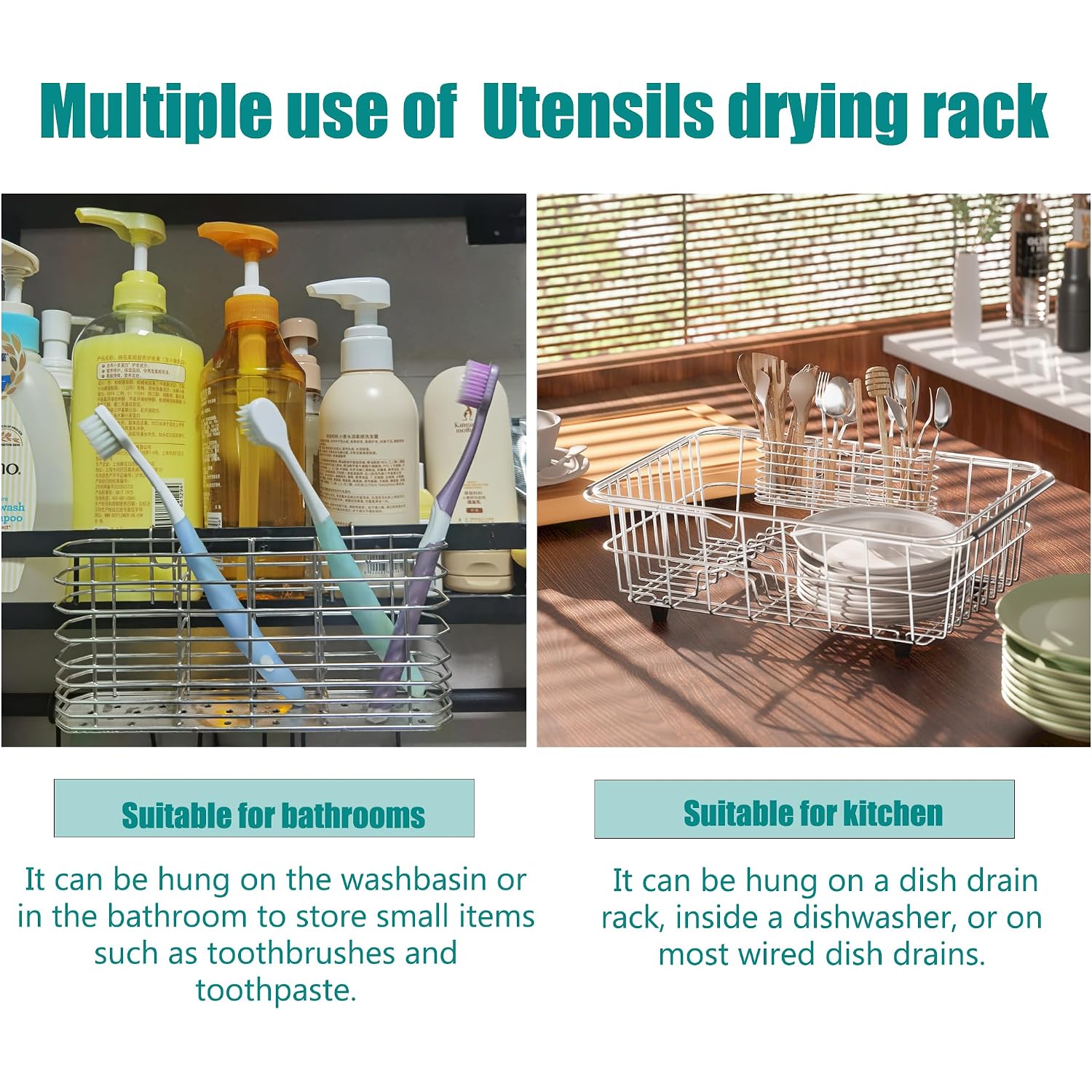 Niuyichee 304 Stainless Steel Utensil Holder, Dish Drying Rack, Kitchen Utensil Organizer, Knife And Fork Drainage Rack, Kitchen Drainage Basket Accessories, With Hooks, Rust Proof, Color-Silver