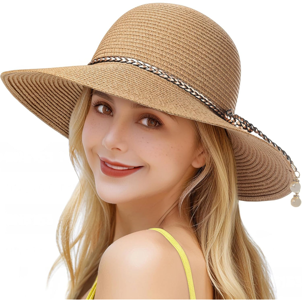 Womens Beach Sun Straw Hat - UV Protection UPF 50+ Sun Hats for Women with Wide Brim, Straw Beach Hat for Women