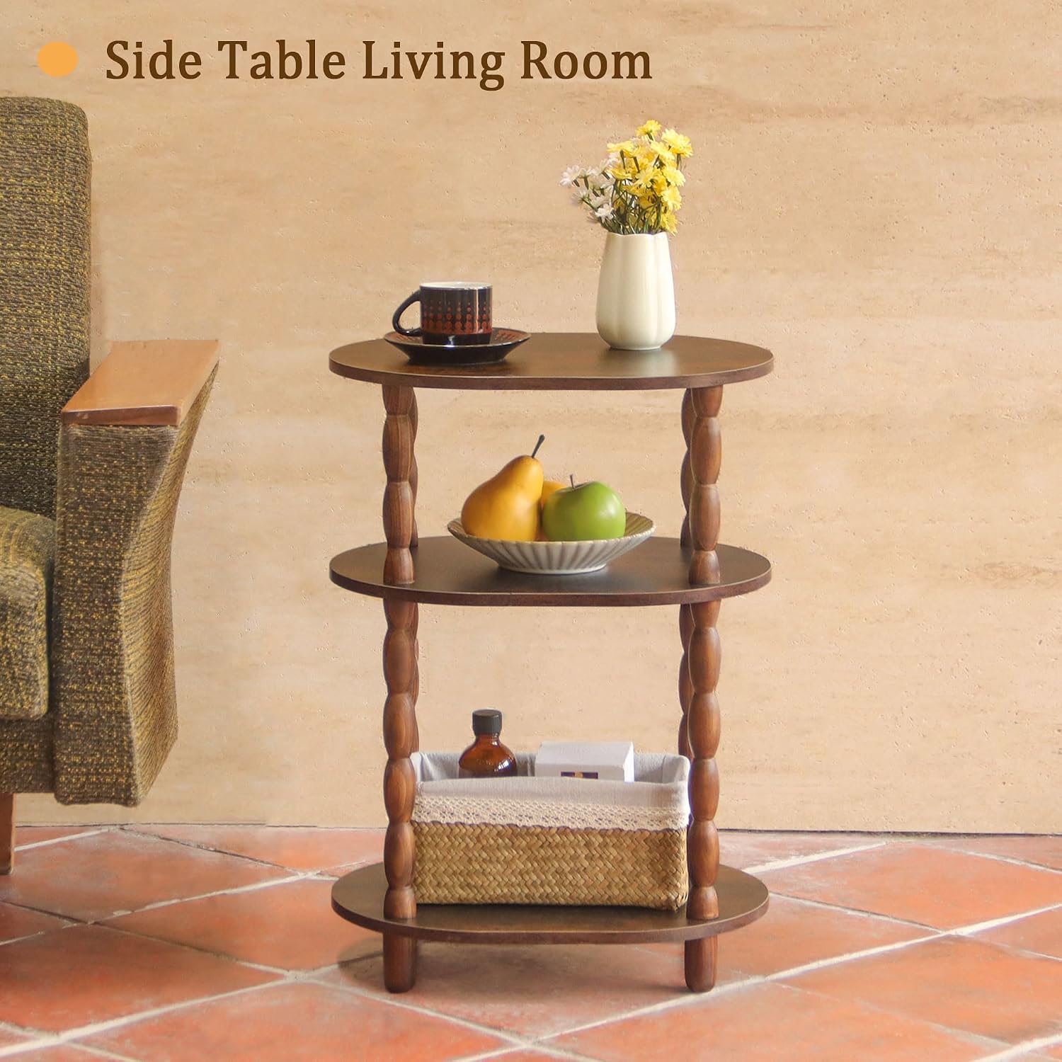 Side Table, 3-Tier Small End Table, Modern Oval Night Stand Accent Table For Living Room, Bedroom, Rustic Brown