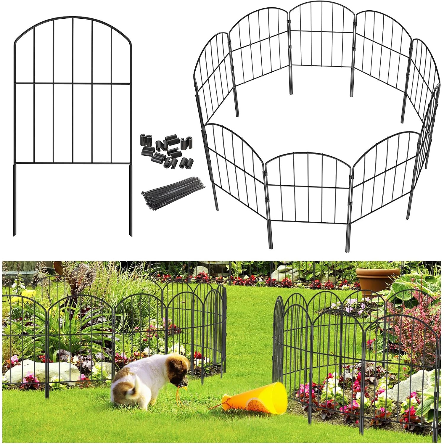 Garden Fence, Total 10Ft(L) X 24In(H) Garden Fencing Animal Barrier, 10 Pcs Rustproof Metal Fence Panels, Black No Dig Fence, Decorative Garden Fences And Borders For Dogs, Flower Bed, Patio