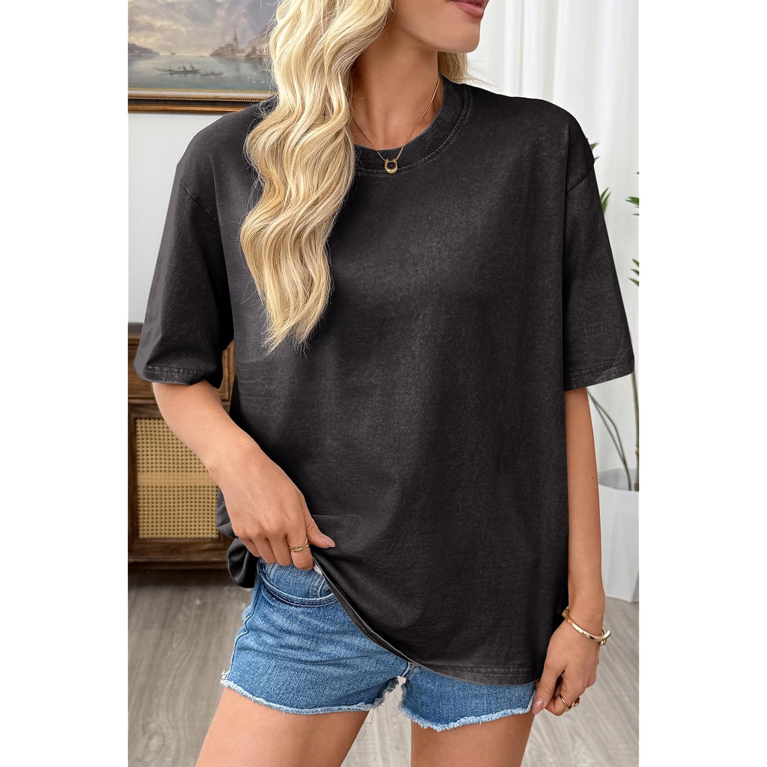 Shewin Oversized Wash Out Fabric Tee Shirts Trendy Cotton Tops Casual Work Tshirt 2026
