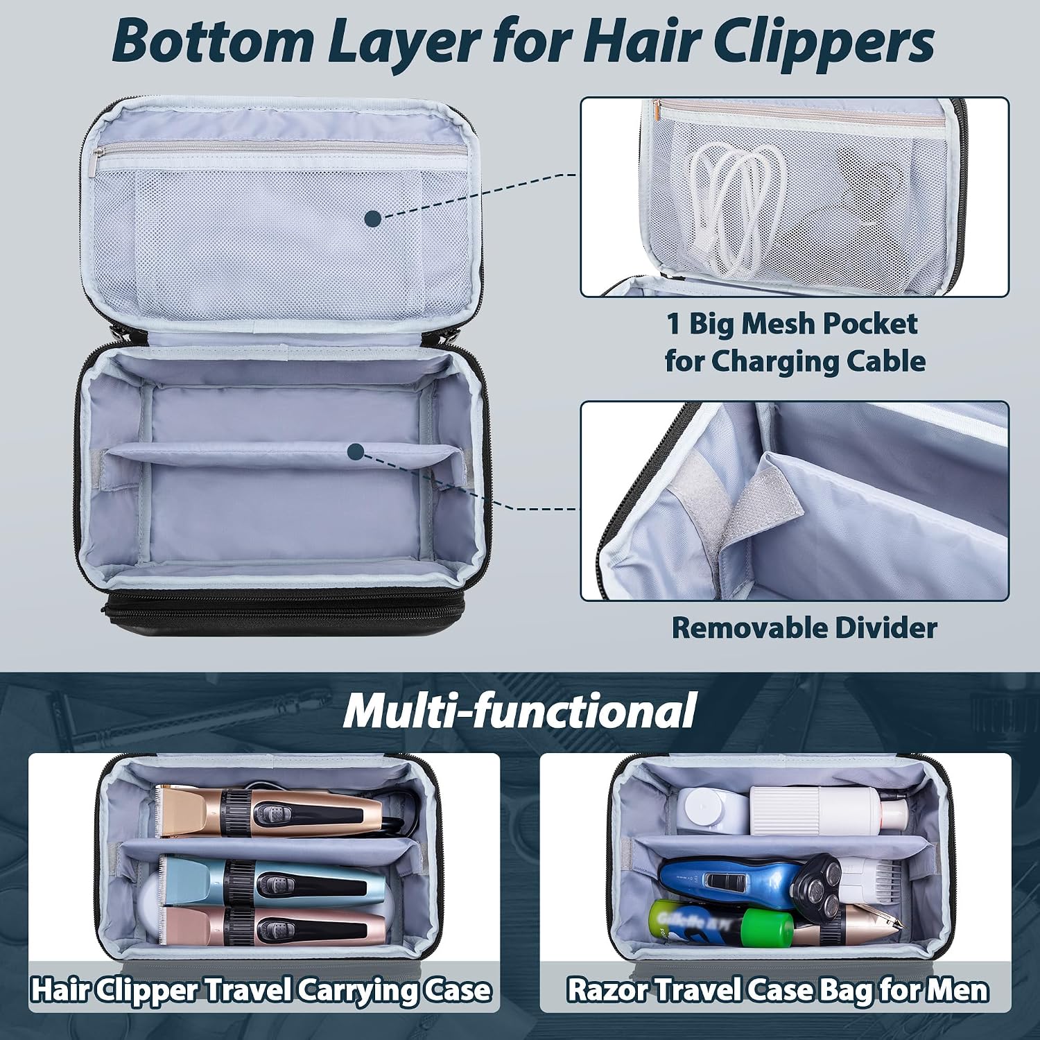 Travel Carrying Case For Hair Clipper, Double Layer Barber Supplies Hair Cutting Tools Storage Bag Compatible With Ufree/Wahl/Andis/Hatteker/Osterpro And Most Standard Men Hair Trimmer