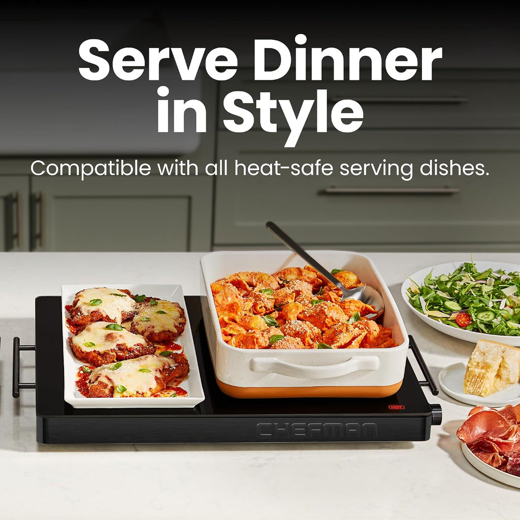 Chefman Electric Warming Tray With Adjustable Temperature Control, Perfect For Buffets, Restaurants, Parties, Events, And Home Dinners, Large 21” X 16” Glass-Top Surface Keeps Food Hot – Black