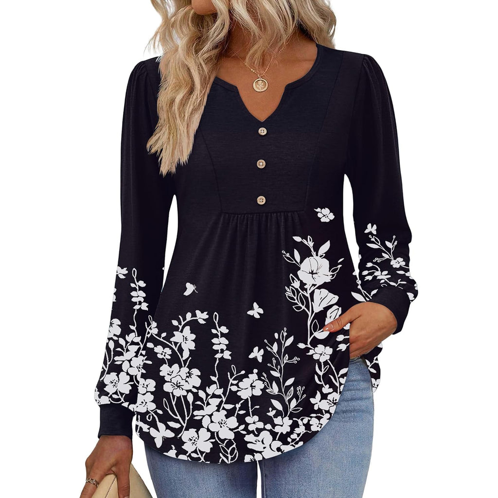 Long Sleeve Shirts for Women 2025 Casual Pleated V Neck Fall Tunic Tops Button Down Blouse Dressy Loose T-Shirts