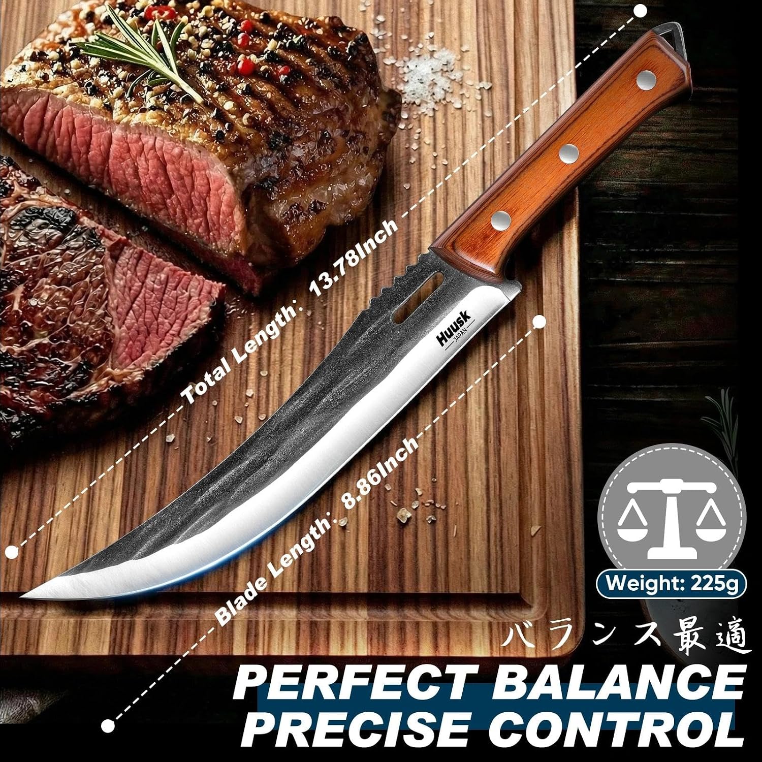 Huusk Hand Forged Carving Knife - Japanese Razor Sharp Butcher Knives For Meat Cutting, Curved Brisket Slicing Knife With Ergonomic Full Tang Handle, Gift For Men And Women