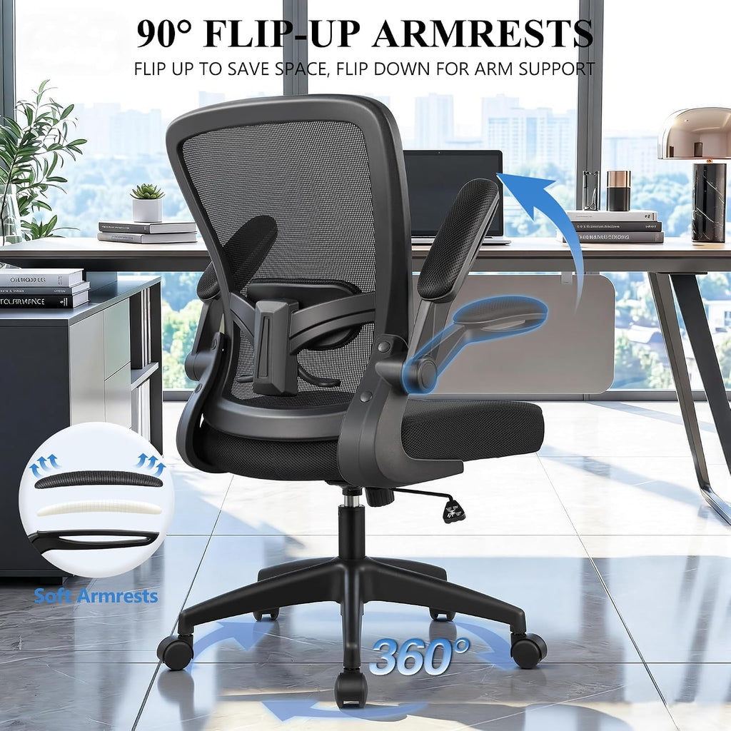 Felixking Office Chair, Ergonomic Desk Chair Breathable Mesh Chairs Adjustable High Back Lumbar Support Flip-Up Armrests, Executive Rolling Swivel Comfy Computer Chairs Home Office Black